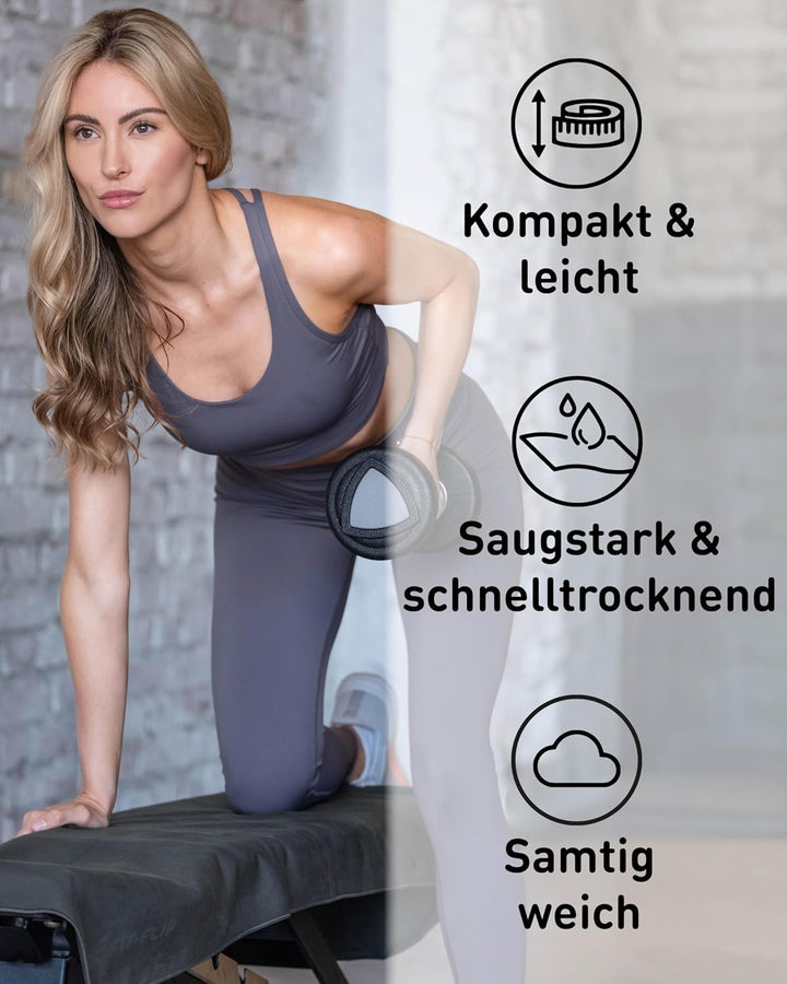 Fit-Flip Fitness Handtuch - mit Magnet und Reissverschluss Tasche - Gym Handtuch aus Mikrofaser für