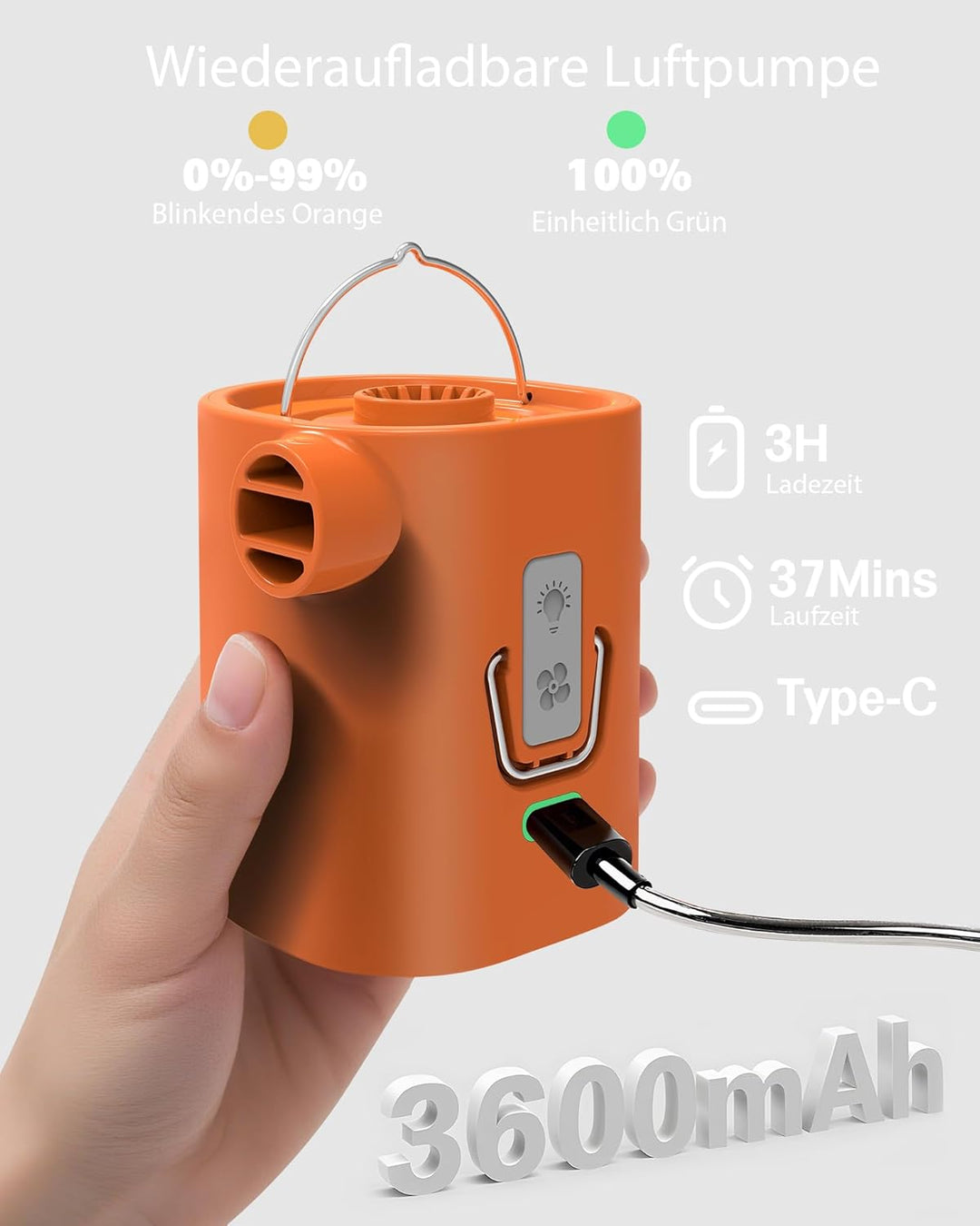 3600mAh Tragbare Elektrische Luftpumpe für Luftmatratze, Wiederaufladbarem USB Akku Pumpe mit 3 Modu