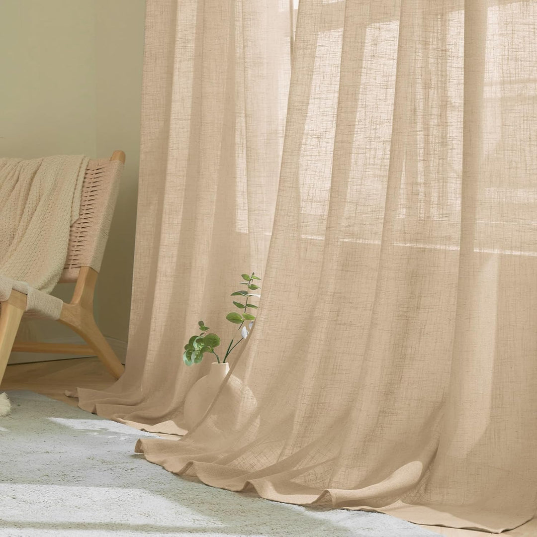 Woaboy Leinen Gardinen Beige Vorhänge Wohnzimmer Halbtransparent mit Ösen Stores Gardine Leinenoptik
