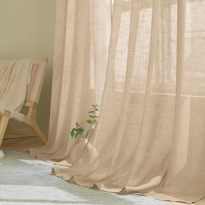 Woaboy Leinen Gardinen Beige Vorhänge Wohnzimmer Halbtransparent mit Ösen Stores Gardine Leinenoptik