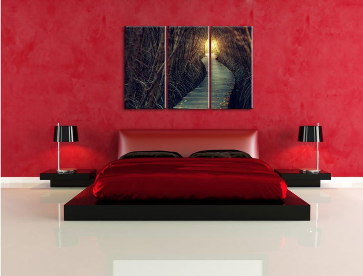Pixxprint Gehweg im Wald / 3-Teilig/Gesamtmass 120cm Leinwandbild bespannt auf Holzrahmen/Wandbild K