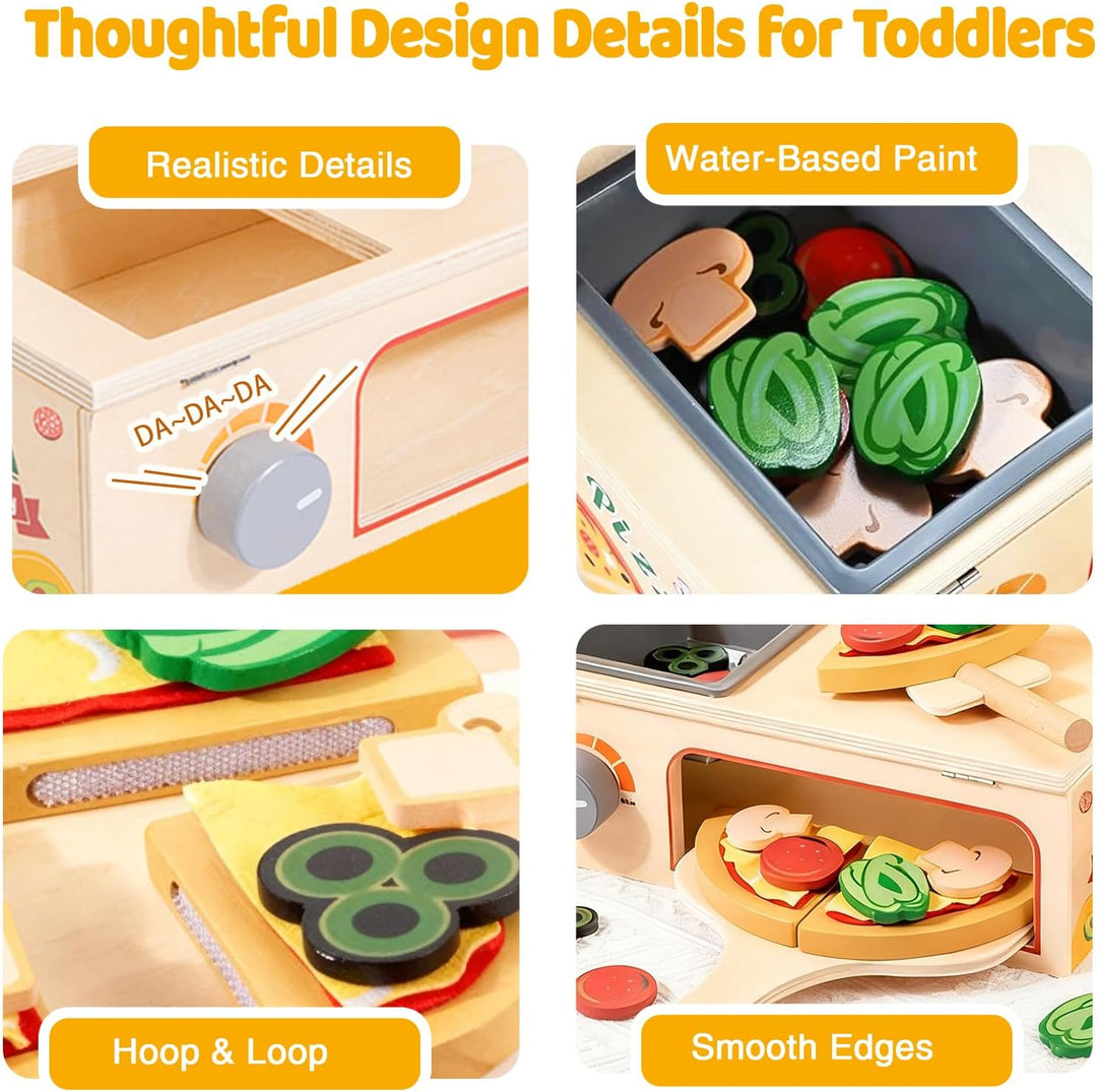 Pizza Holzspielzeug Kinderküche, Spielküche Zubehör Holz, 50PCS Pizzaofen mit Pizzaschneider, Küchen