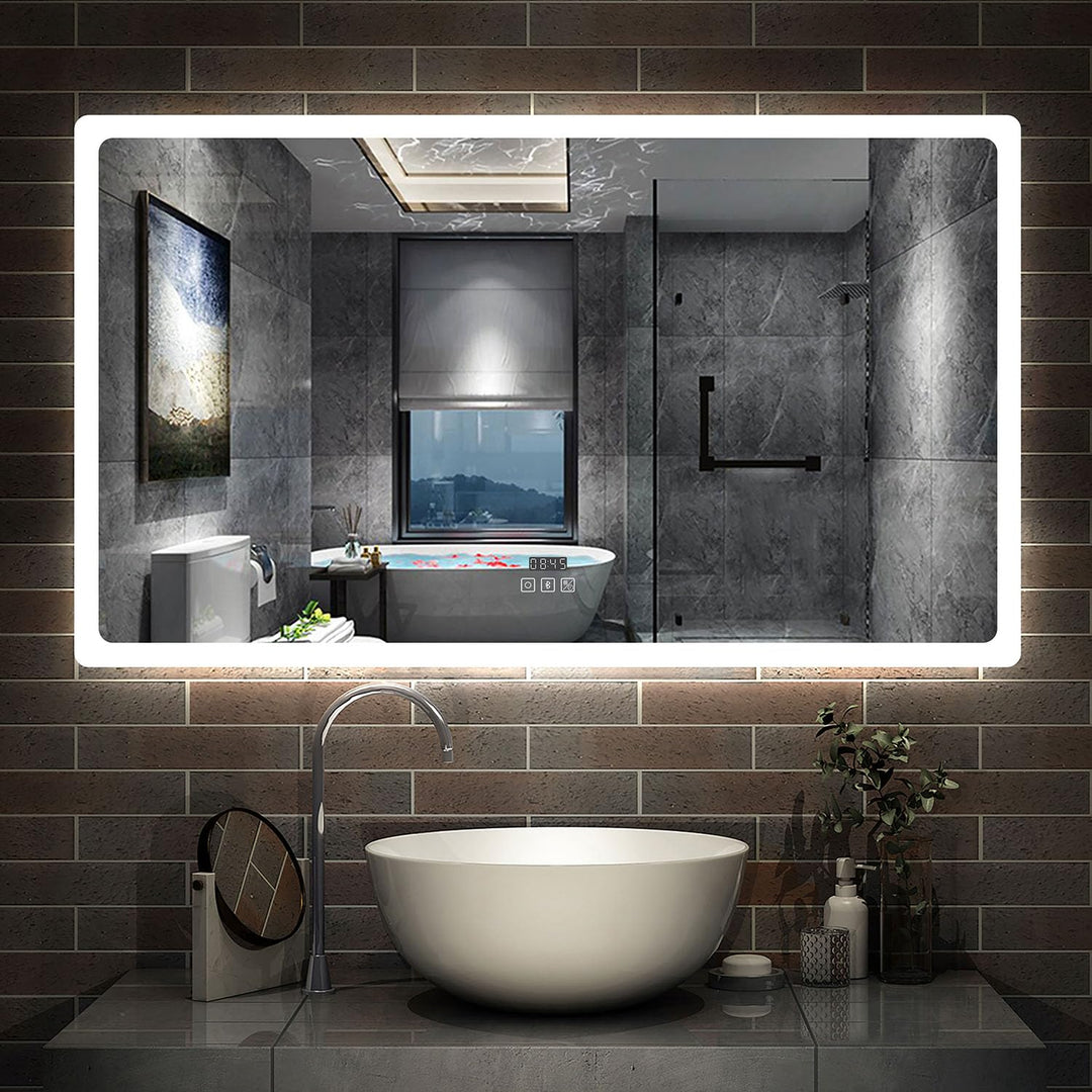 Aica Sanitär LED Badspeigel 120×70cm Bluetooth Uhr 3 Lichfarbe dimmbar Memory Wand/Touchschalter Ant