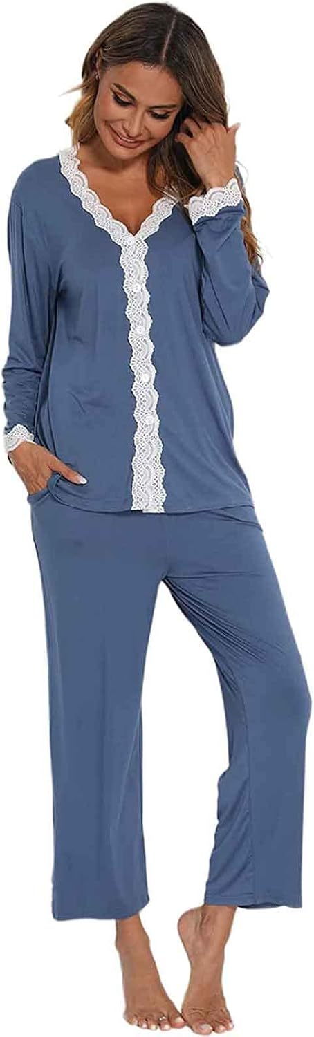 Jecarden Damen Schlafanzug mit Spitze Lang - Damen Pyjama Set Winter Langärmelig Nachtwäsche Zweitei