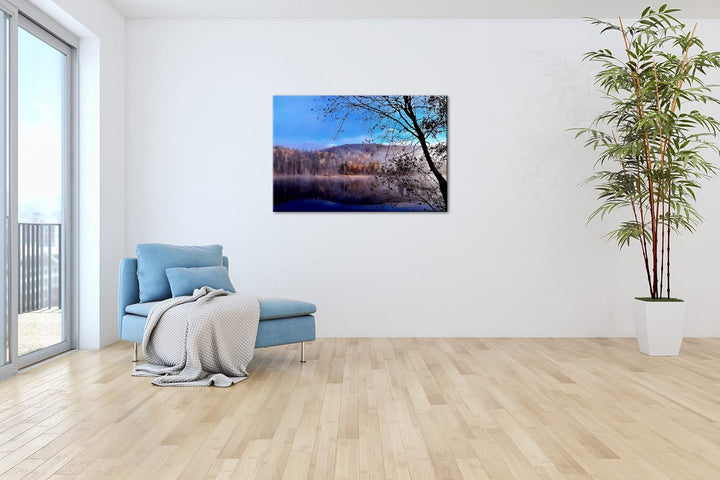 deyoli schöne Herbstlandschaft am See im Format: 80x60 als Leinwandbild, Motiv fertig gerahmt auf Ec