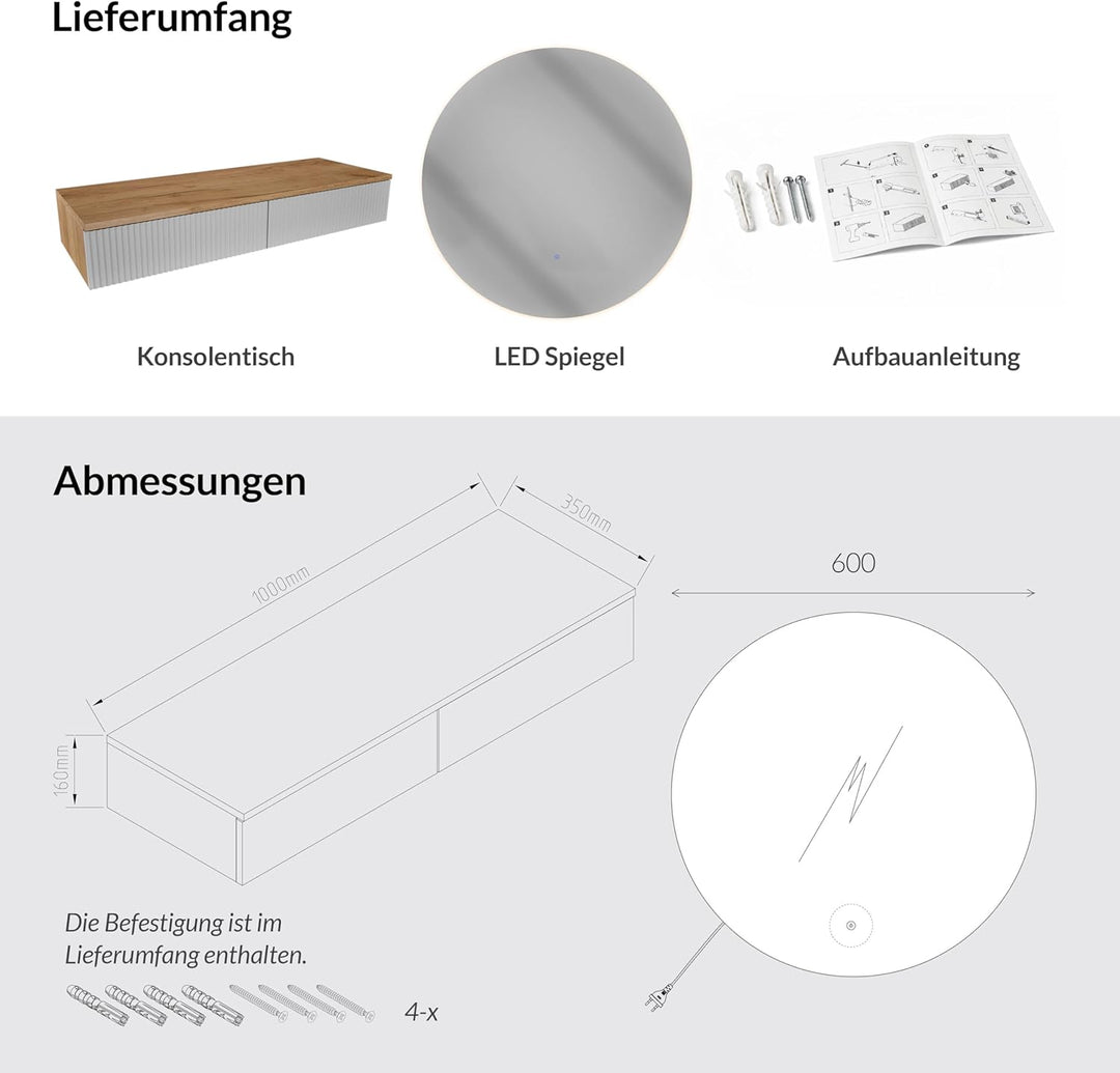 Planetmöbel Flur Garderobe Set Konsolentisch 100 cm inkl. Spiegel mit Beleuchtung rund (ohne Rahmen)