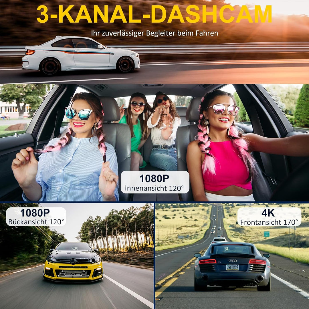 3-Kanal Dashcam Auto 4K+1080P+1080P Vorne Innen Hinten, 3,16" IPS Bildschirm, 5G WLAN mit 64GB SD-Ka