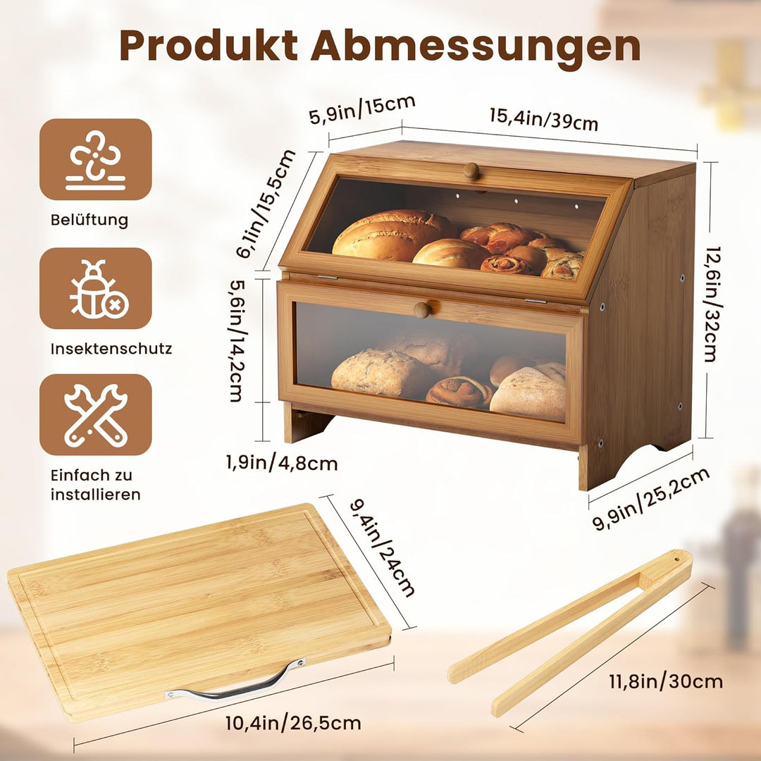 Pamapic Brotkasten Bambus, Brotkorb mit Schneidebrett, 2 Etagen Brotbox mit Brotzange, Brotaufbewahr