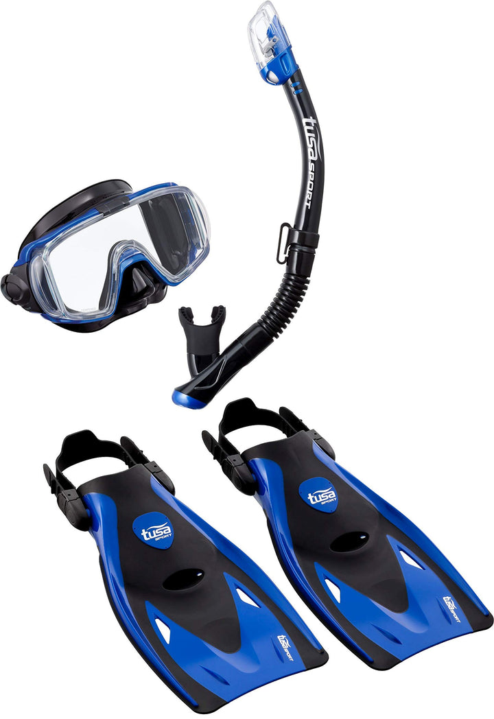 TUSA Schnorchelset Visio Travel - Taucherbrille Tauchmaske Trockenschnorchel Flossen Tasche Erwachse