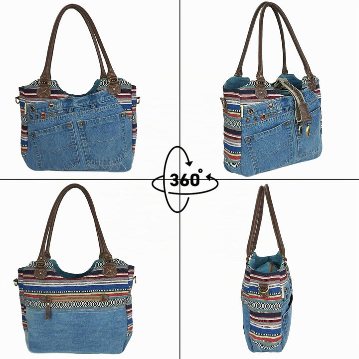Sunsa Damen Nachhaltige Handtasche aus recycelte Jeans Canvas &amp; Leder. Vintage Still grosse Schulter