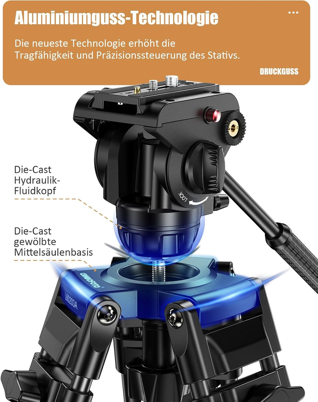 CAMBOFOTO Videostativ mit 360° Flüssigkopf, 188cm Professionelles Aluminium Schwerlast Filmstativ fü