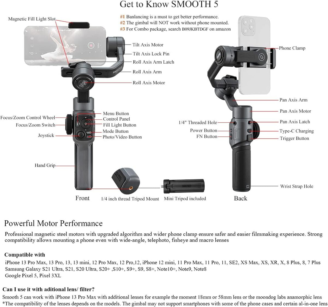 Zhiyun Smooth-5 Professioneller Gimbal Stabilisator für iPhone 13 Pro Max Mini 12 11 XS X XR 8 7 6 P