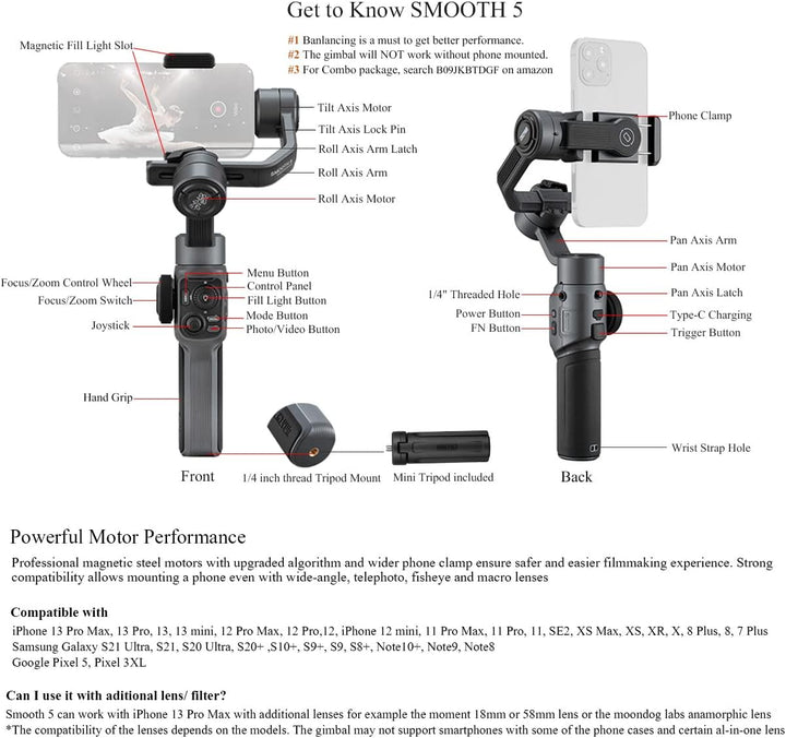 Zhiyun Smooth-5 Professioneller Gimbal Stabilisator für iPhone 13 Pro Max Mini 12 11 XS X XR 8 7 6 P