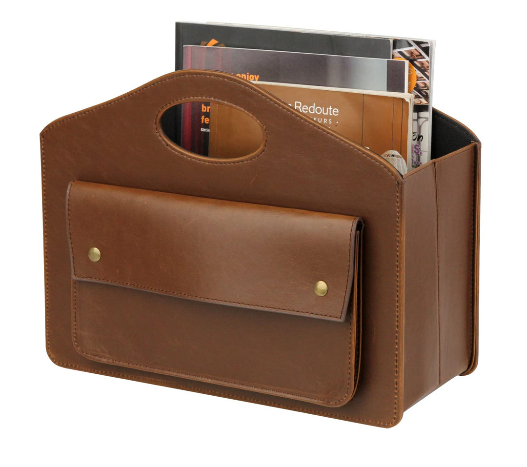 HofferRuffer Leder Zeitschriftenhalter mit Griff, Faltbarer Zeitungshalter mit Kleiner Vordertasche,