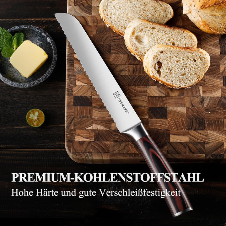 KEEMAKE Brotmesser mit Wellenschliff, Extra scharfes Brotschneidemesser 20 cm aus hochwertigem rostf