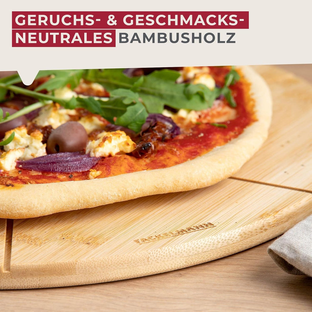 Fackelmann Pizza Schneidebrett Holz rund 32 cm – Aus nachwachsendem Bambus – Schneidrillen für perfe