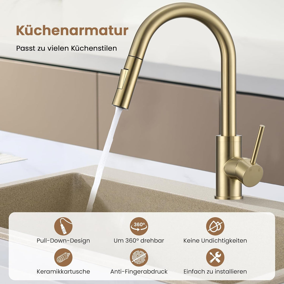 KPW Küchenarmatur Edelstahl Gold Gebürstet mit Herausziehbarer Brause – Spültischarmatur mit Hohem A