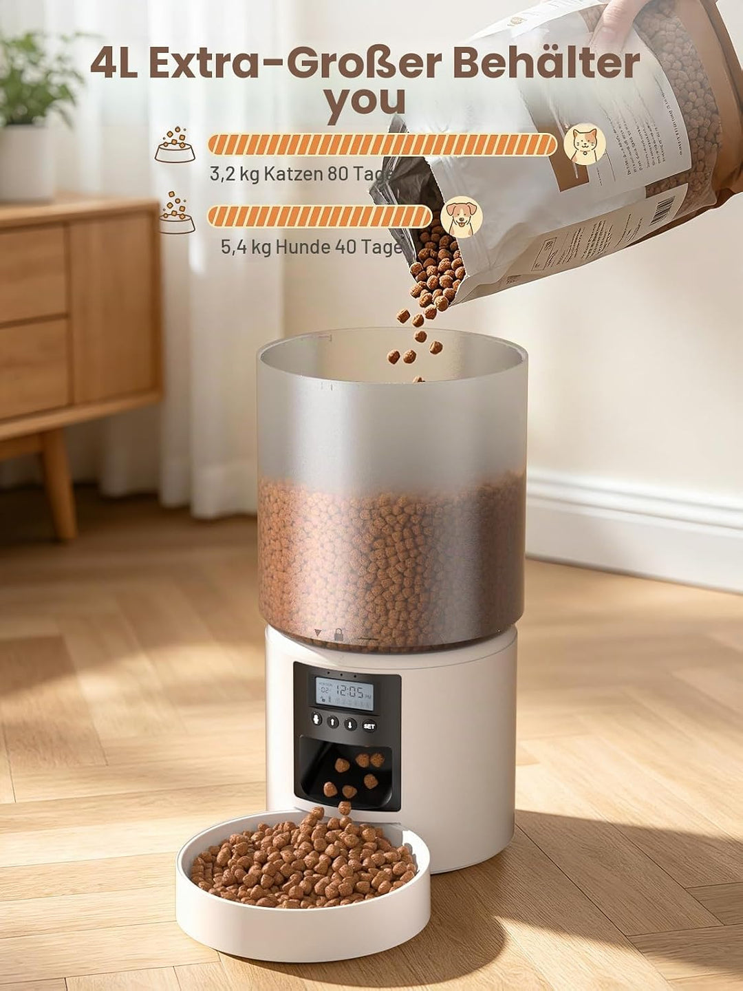 Futterautomat Katze 4L mit Timer, Katzenfutter Automat programmierbar 1–6 Fütterungen Portionskontro