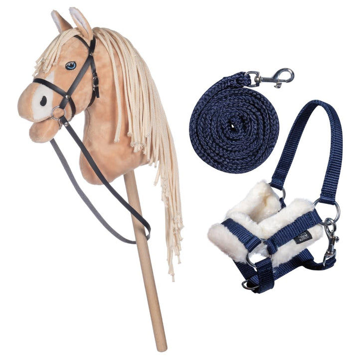 HKM Kids Hobby Horse, Palomino, Beige, mit Halfter und Führstrick in Dunkelblau, Steckenpferd für Ki
