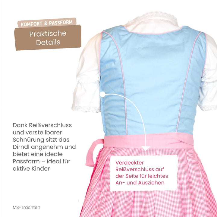 Kinder Dirndl Kinderdirndl Trachtenkleid Elise rosa hellblau pastell 3 teilig 116 Hellrosa, 116 Hell