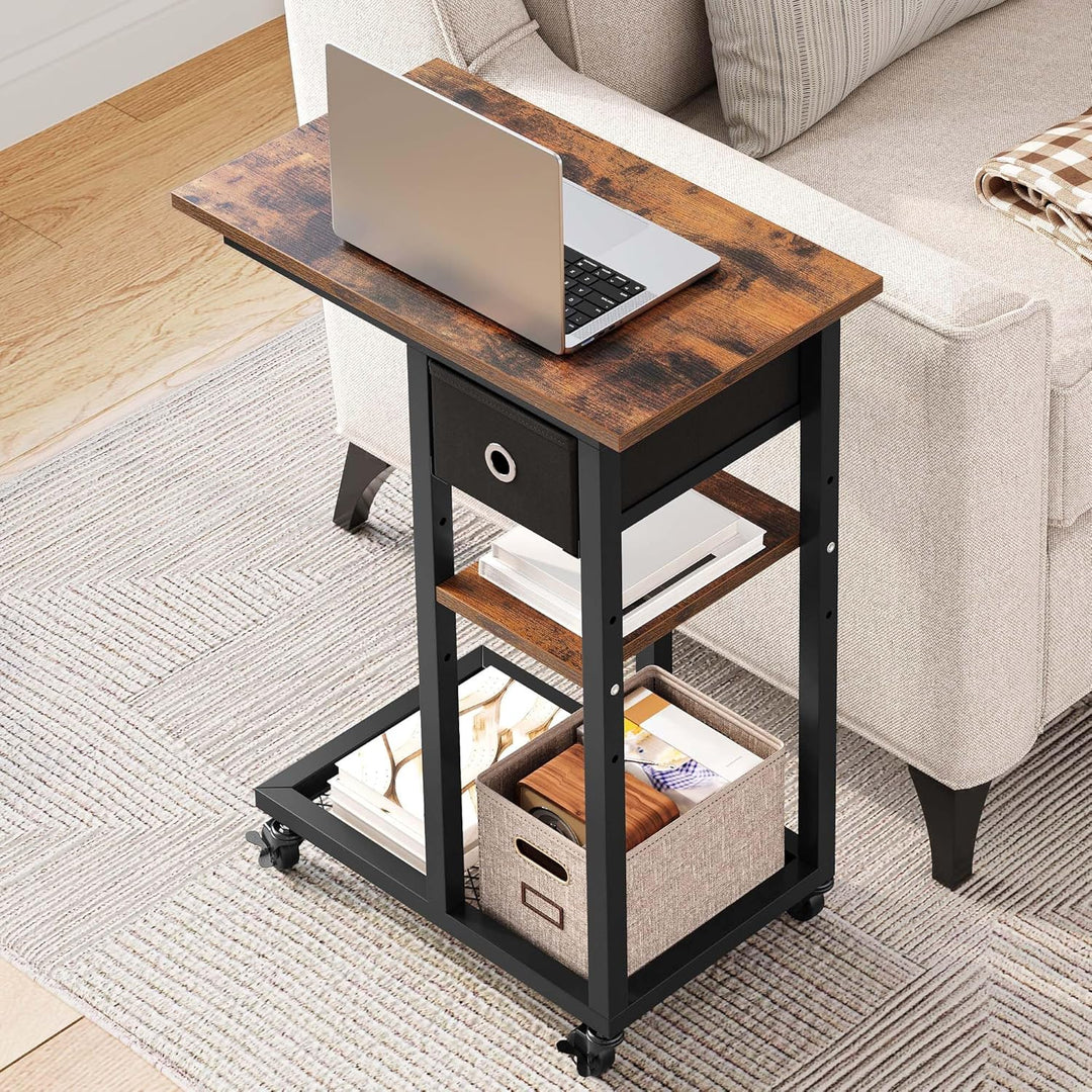 YITAHOME Beistelltisch, C-Form Sofatisch mit Rollen und Schublade，Wohnzimmertisch für Kaffee und Lap