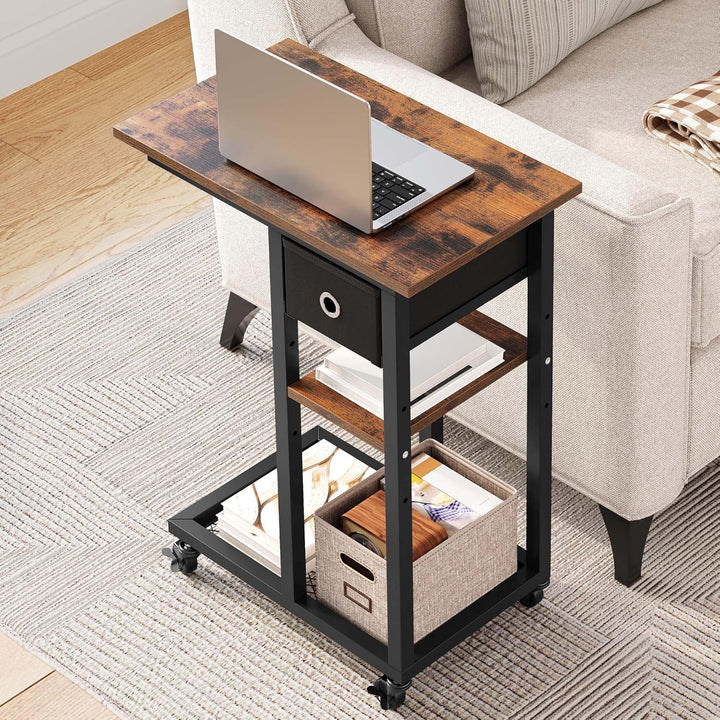 YITAHOME Beistelltisch, C-Form Sofatisch mit Rollen und Schublade，Wohnzimmertisch für Kaffee und Lap