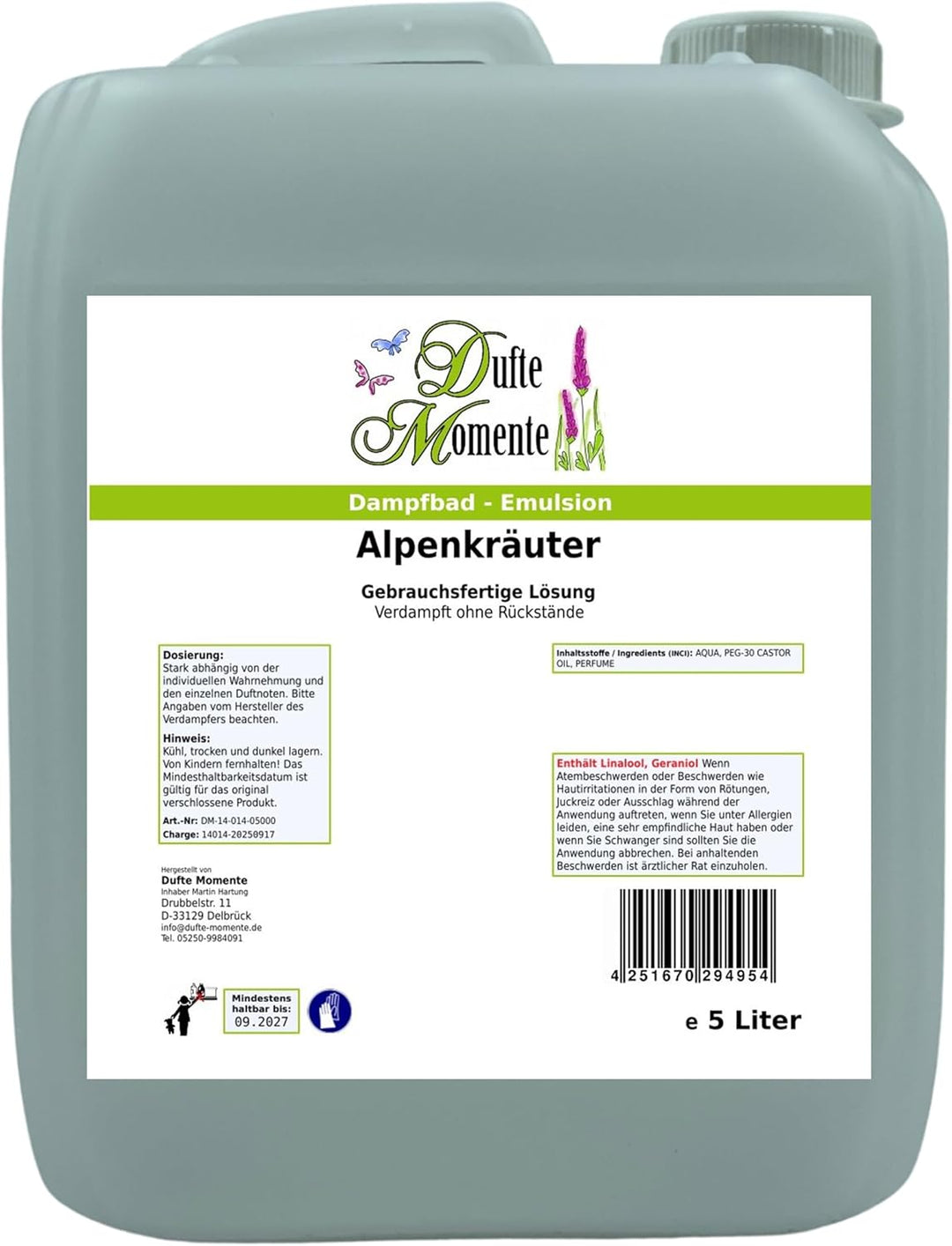 Dufte Momente Dampfbad-Emulsion 5 Liter Alpenkräuter | Gebrauchsfertig | Hochwertige Formel | Für ge