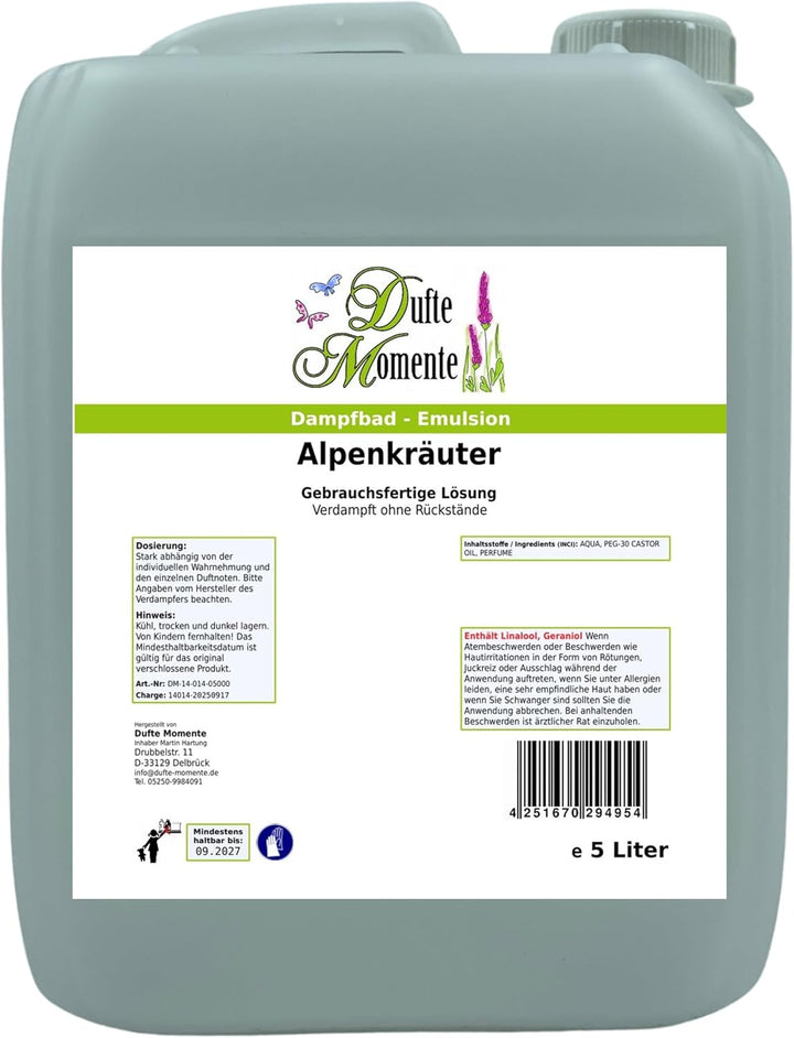 Dufte Momente Dampfbad-Emulsion 5 Liter Alpenkräuter | Gebrauchsfertig | Hochwertige Formel | Für ge