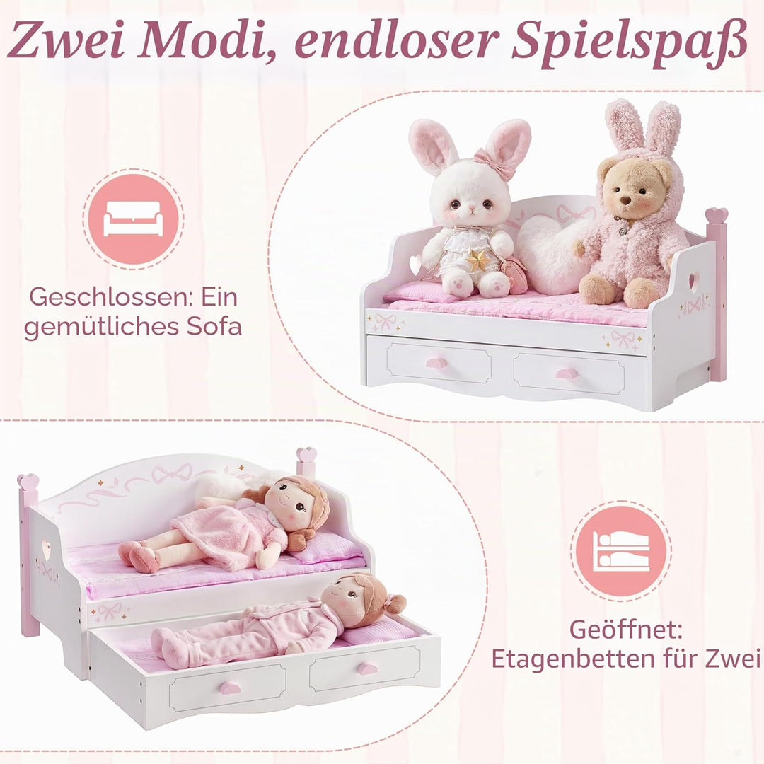 ROBUD Puppenbett &amp; Sofa-Set für 45 cm grosse Puppen, 2-in-1 Puppen-Etagenbett Holz mit Matratze, Dec