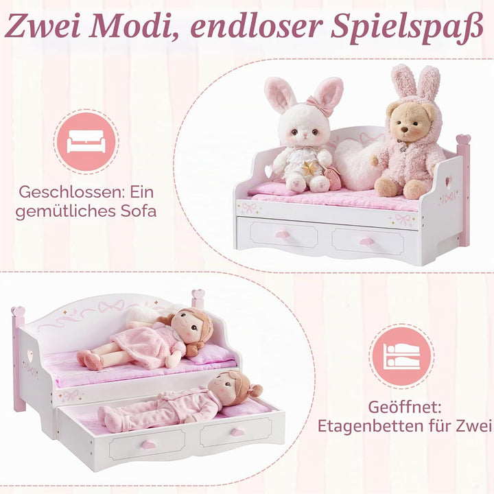 ROBUD Puppenbett &amp; Sofa-Set für 45 cm grosse Puppen, 2-in-1 Puppen-Etagenbett Holz mit Matratze, Dec