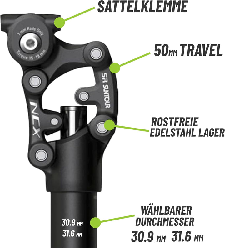 Suntour Federsattelstütze SP12/17-NCX Durchmesser 27,2mm/30,9mm/31,6mm, Länge 400mm,Gewicht 65-95kg,
