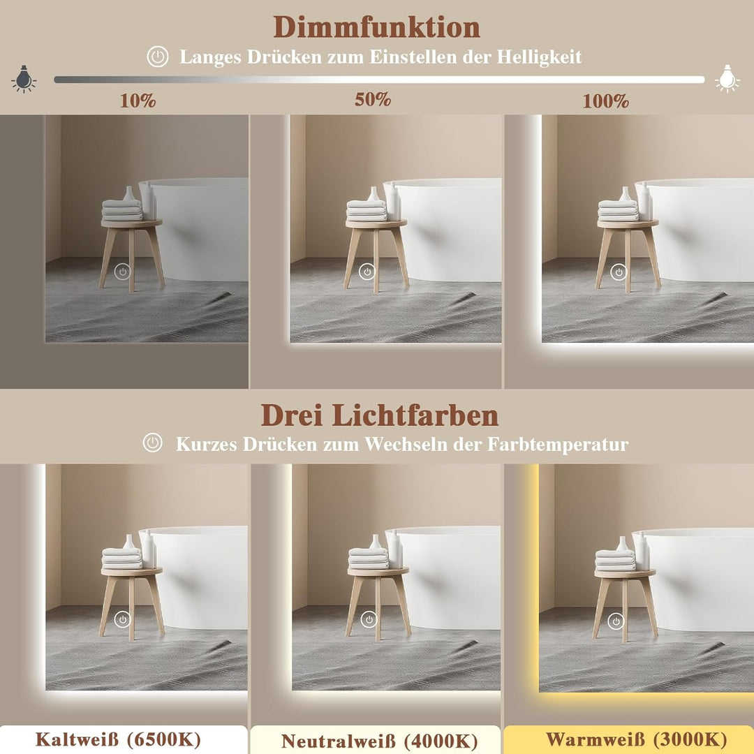 Badspiegel-mit-Beleuchtung 80x60cm - Badezimmerspiegel LED Badezimmer Spiegel mit Beleuchtung, Touch