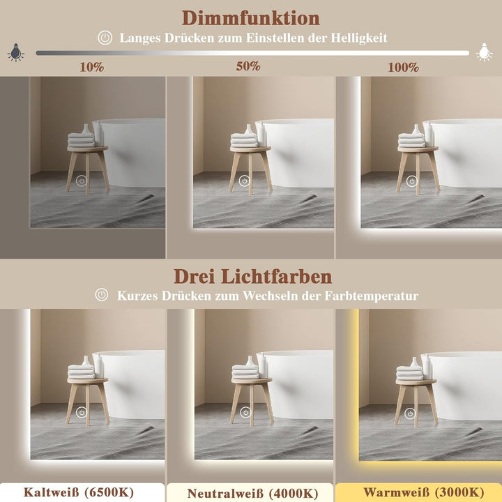 Badspiegel-mit-Beleuchtung 80x60cm - Badezimmerspiegel LED Badezimmer Spiegel mit Beleuchtung, Touch