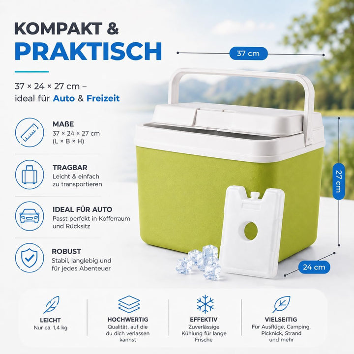 Kühlbox 15 Liter mit mobilen Kühlakku/Kühlelement für extra Lange Kühlung - Kühltasche/Thermobox Grü