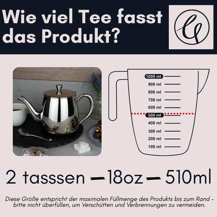 Café Olé PT-018 Premium Teekanne, 18/10 Edelstahl, hochglanzpoliert, 18 oz, Stay Cool Hohlgriffe, pe