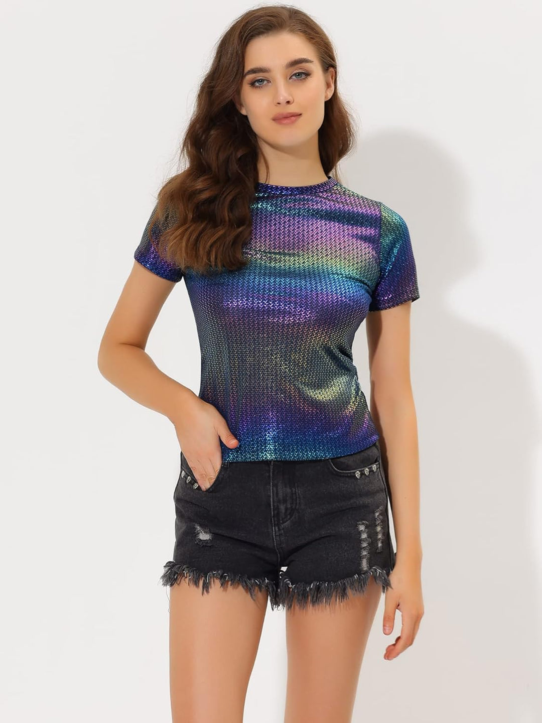 Allegra K Damen Sexy Metallic Party Top Outfit Festival Glitzer Kurzarm Rundhals T-Shirt Oberteil Bl