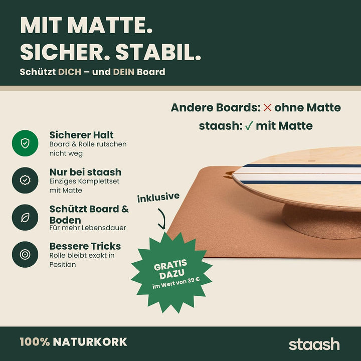 STAASH® Balance Board Holz – Pro Gleichgewichtstrainer inkl. Schutzmatte, Rolle, Halbkugel, Korkball