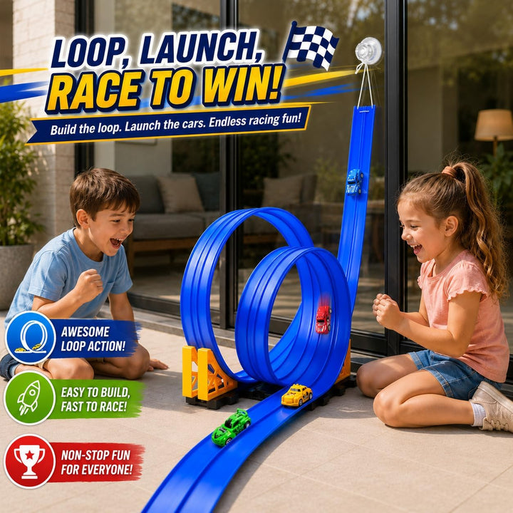 BunnyJOY Flexible Autorennbahn für Kinder mit 4 Rückziehautos, 2 Looping Rennbahn, Rampen Schwerkraf