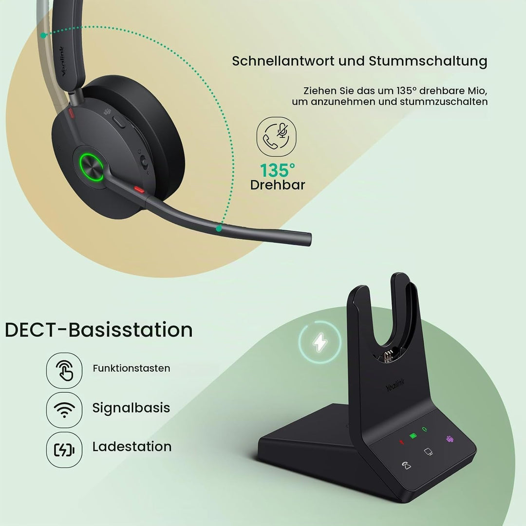 Yealink WH68 ANC DECT Kabelloses Headset mit Mikrofon, 4X AI-Mic mit Geräuschunterdrückung, 185m Rei