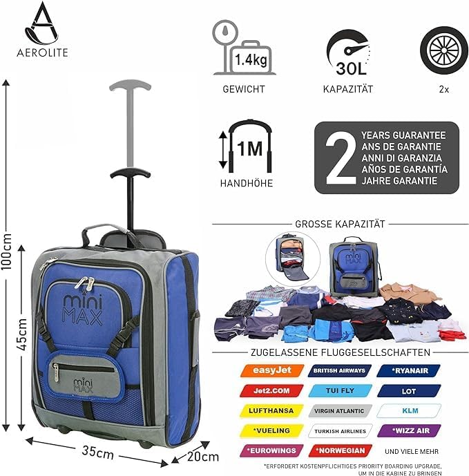 Aerolite MiniMax Kindergepäck 45x36x20 Easyjet Maximale Grösse 30L Handgepäck Neu 2023 Unter Sitz Tr