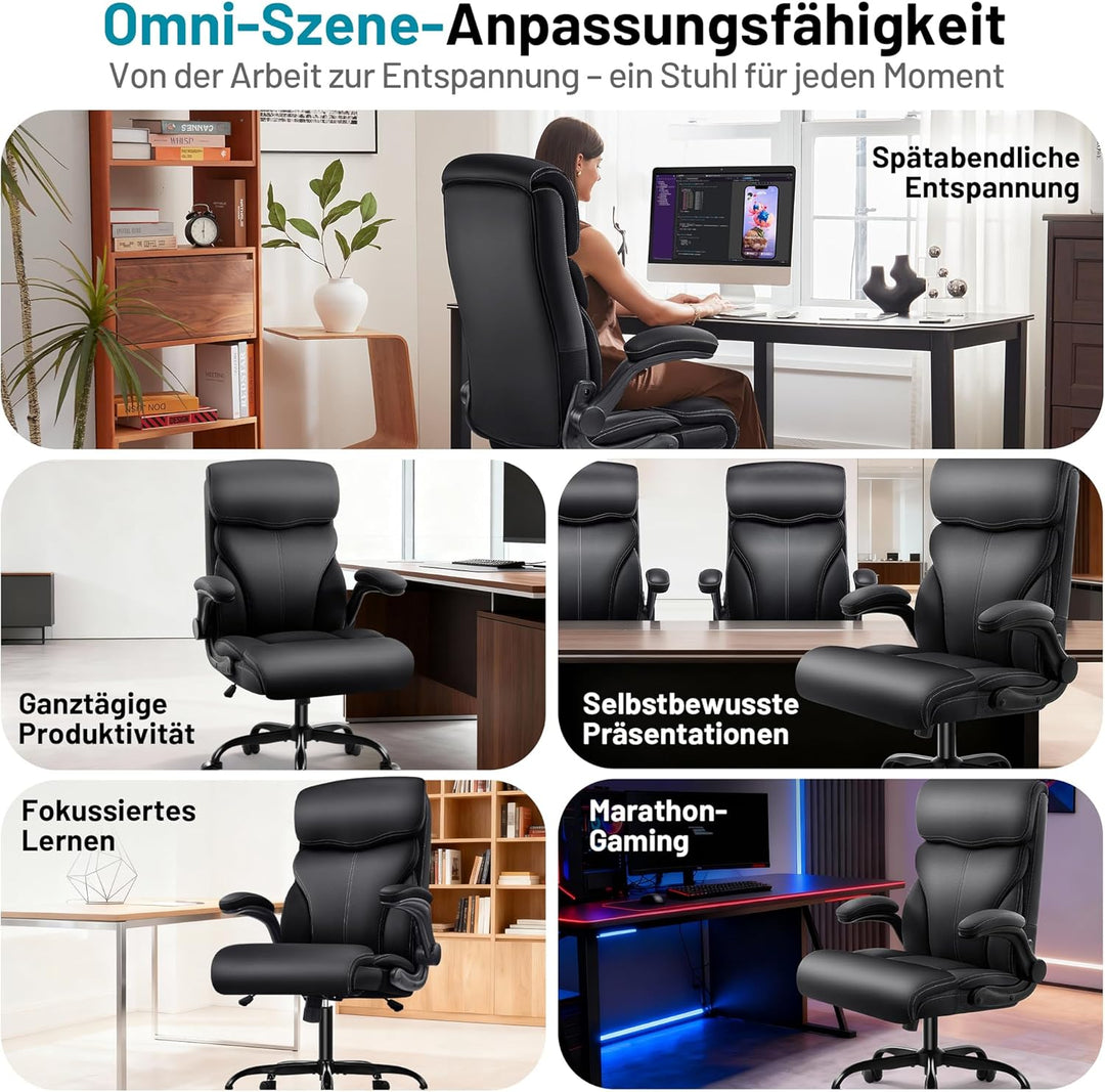 Chefsessel aus PU-Kunstleder, Bürostuhl Ergonomisch mit Verstellbaren Armlehnen und Hoher Rückenlehn