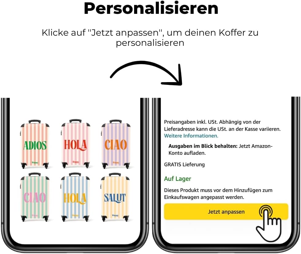 Handgepäck Koffer 55x40x20 Personalisiert - Reisekoffer mit Rollen, Leichtgewicht Hartschalenkoffer,