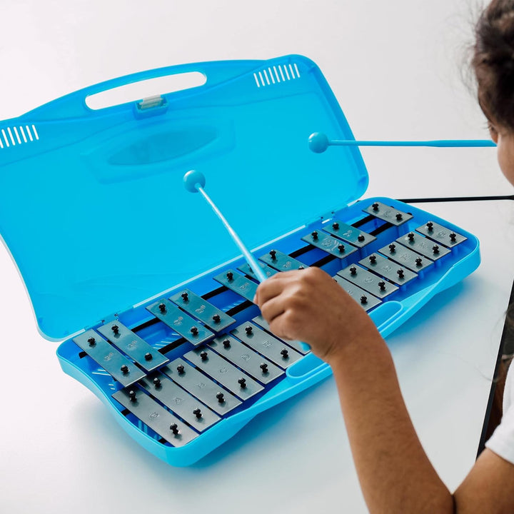 A-Star 25-Noten-Sopran-Chromatisches Glockenspiel-Xylophon im blauen Gehäuse mit silbernen Tasten un