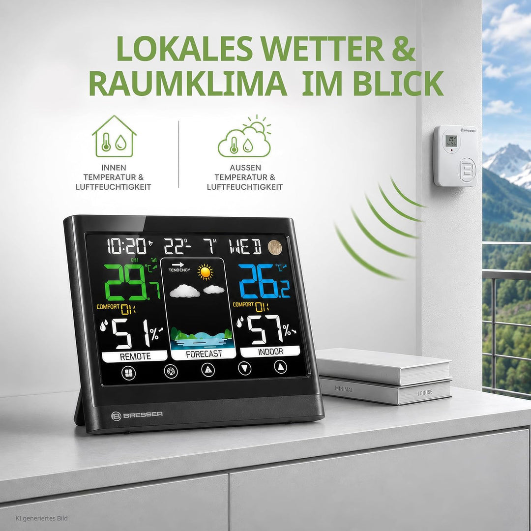Bresser MeteoTemp BF Funk Wetterstation mit Touch-Display, Aussensensor, Wettervorhersage, Raumklima