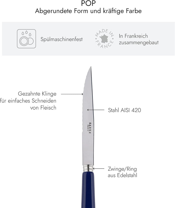 SABRE PARIS - 6er Set Steakmesser Mit Wellenschliff - Pop - Fleischmesser - Edelstahl & Acryl - Spül