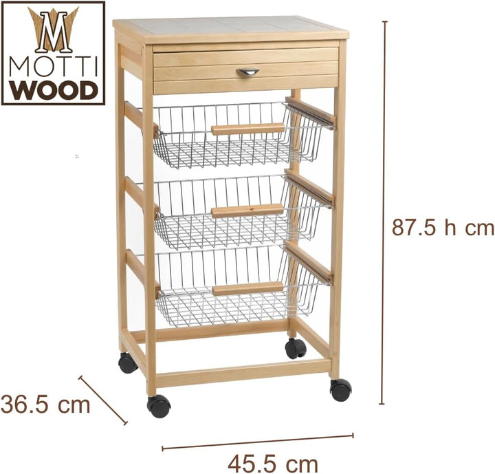 Küchenwagen aus Holz, Drehräder, Buchenholz, 3 Schubladen, platzsparend, Masse: L 45,5 x H 87,5 x T