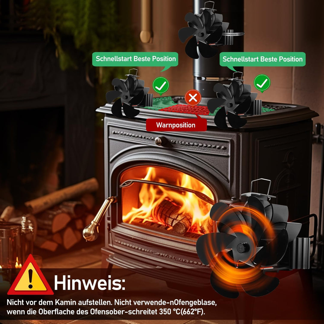 Herrselsam Kaminventilator 6-Blättern Magnetisch Ofenventilator ohne Strom Wärmebetriebener Kaminlüf
