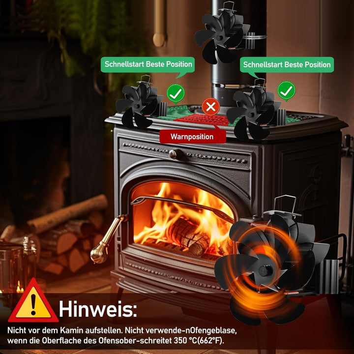Herrselsam Kaminventilator 6-Blättern Magnetisch Ofenventilator ohne Strom Wärmebetriebener Kaminlüf