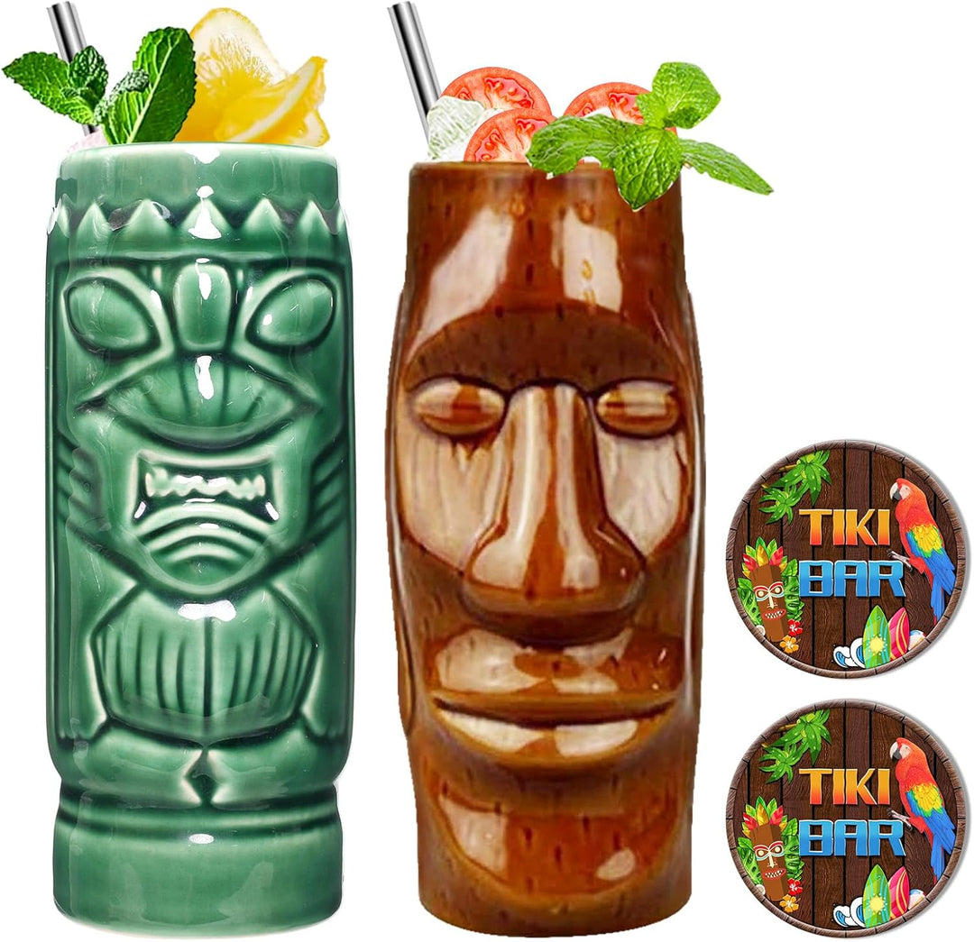Tiki Tassen Cocktail Set von 2 - Becher aus Keramik, hawaiianische Partybecher, Trinkgeschirr, niedl