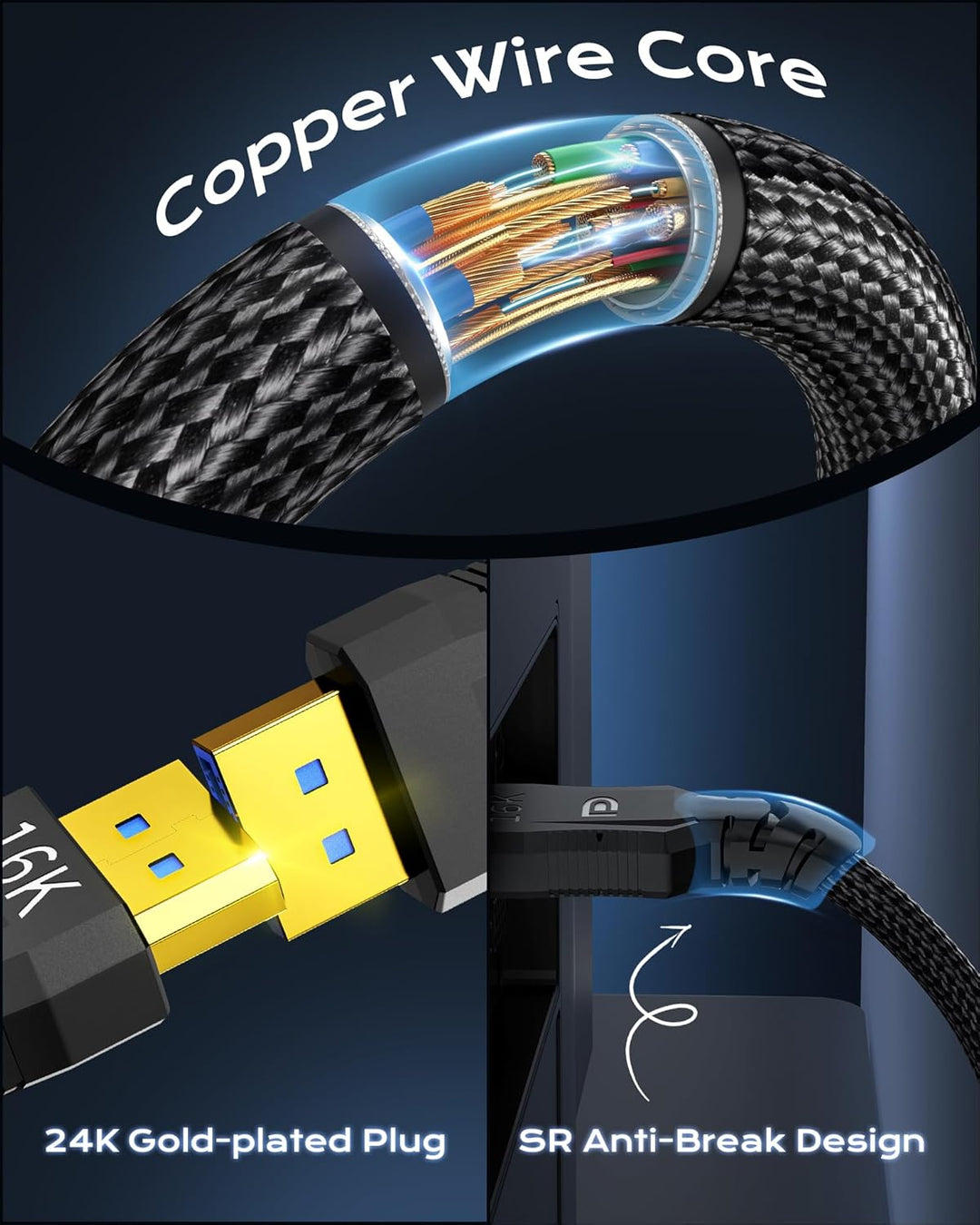 Cratree DisplayPort Cable 2.1 3M - 16K DP to DP - 16K 30Hz, 8K 120Hz, 4K 65Hz/144Hz, 80Gbps - Compat